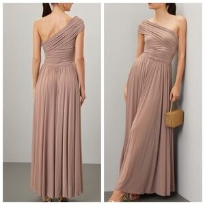 Ronny Kobo Killian Gown Dress Beige Ruched One Shoulder Maxi Dress XS X-SMALL